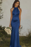 Dusty Sage Sheath Halter Backless Long Satin Bridesmaid Dress